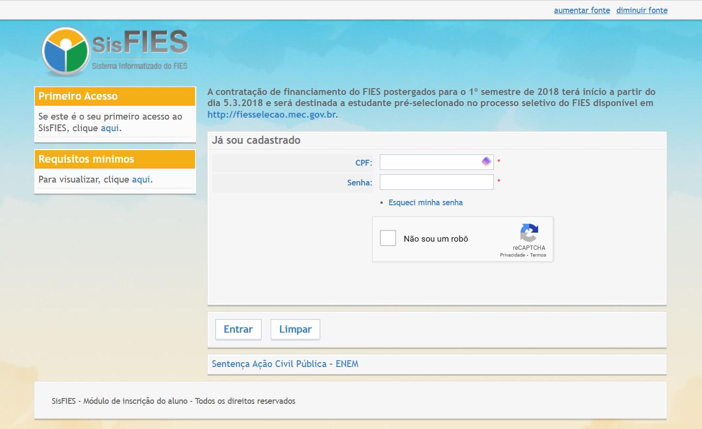 Página de login do SisFIES para fazer o aditamento FIES 2025