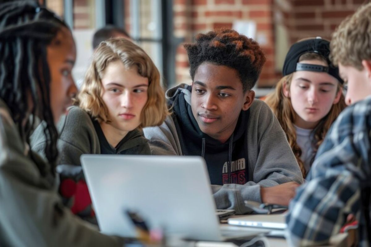 Um grupo de quatro estudantes olham no notebook quem Está devendo o FIES